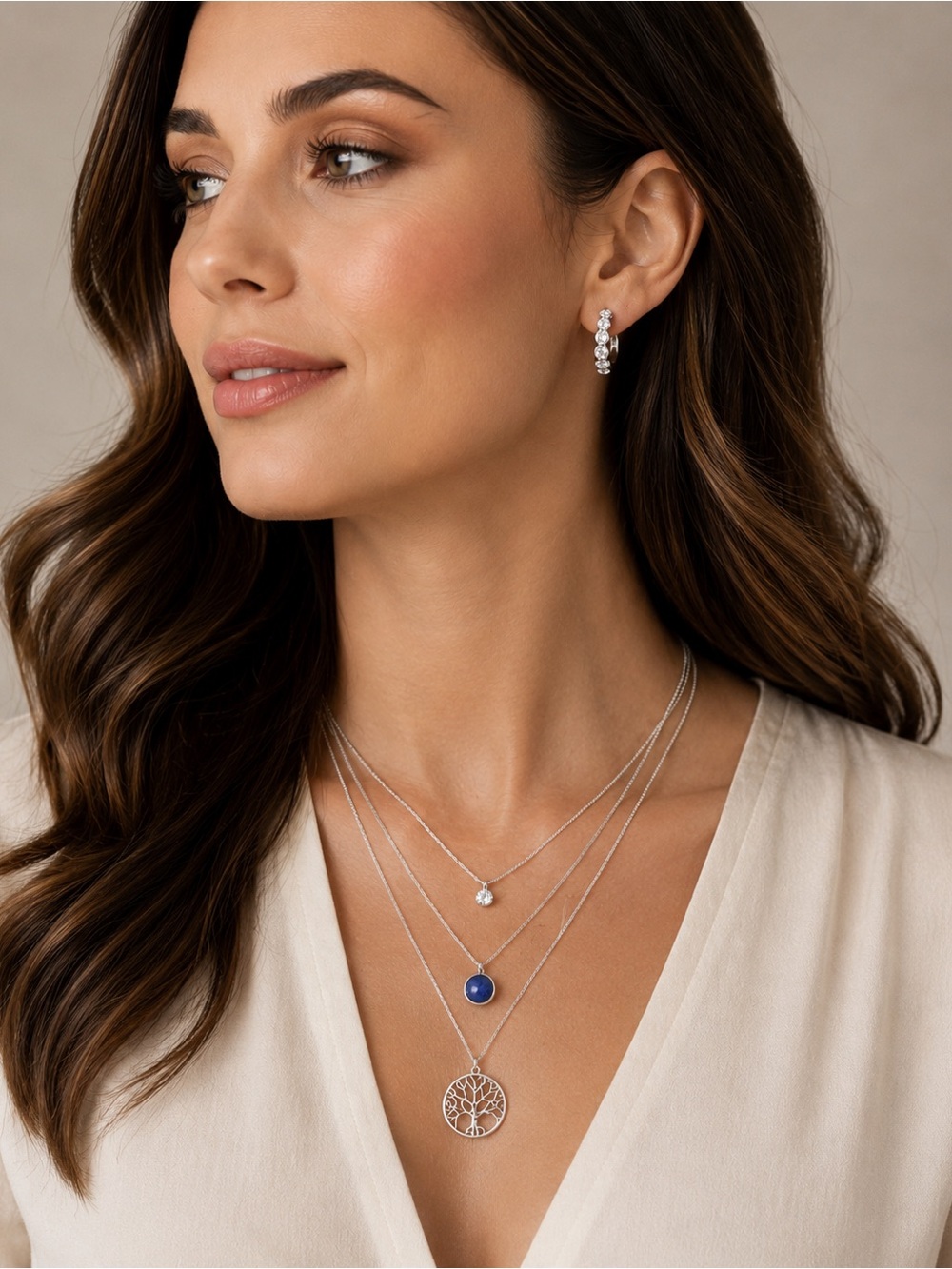 (2 pc) Silver Faux Diamond Hoop Earrings & Layered Tree Pendant Necklace Bundle